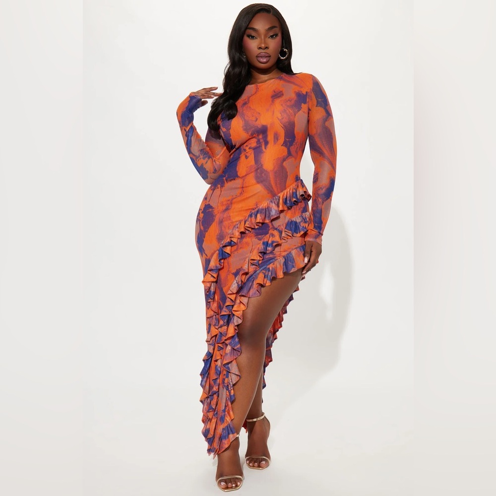 Fashion Nova Vibrant Asymmetrical Dress in Orange and Purple